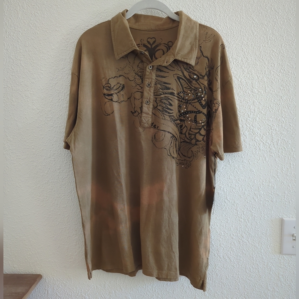 Y2K Mens Tye Dye Dragon Tiger Metallic Asian Tattoo Art Tshirt Key Closet XL